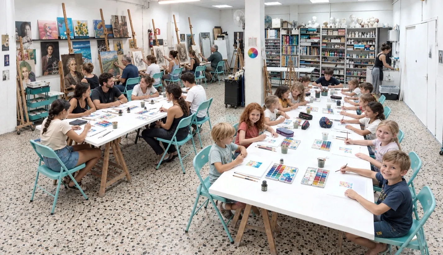 Interior de la academia: niños y adultos pintando en mesas largas, con caballetes, cuadros y estanterías de material
